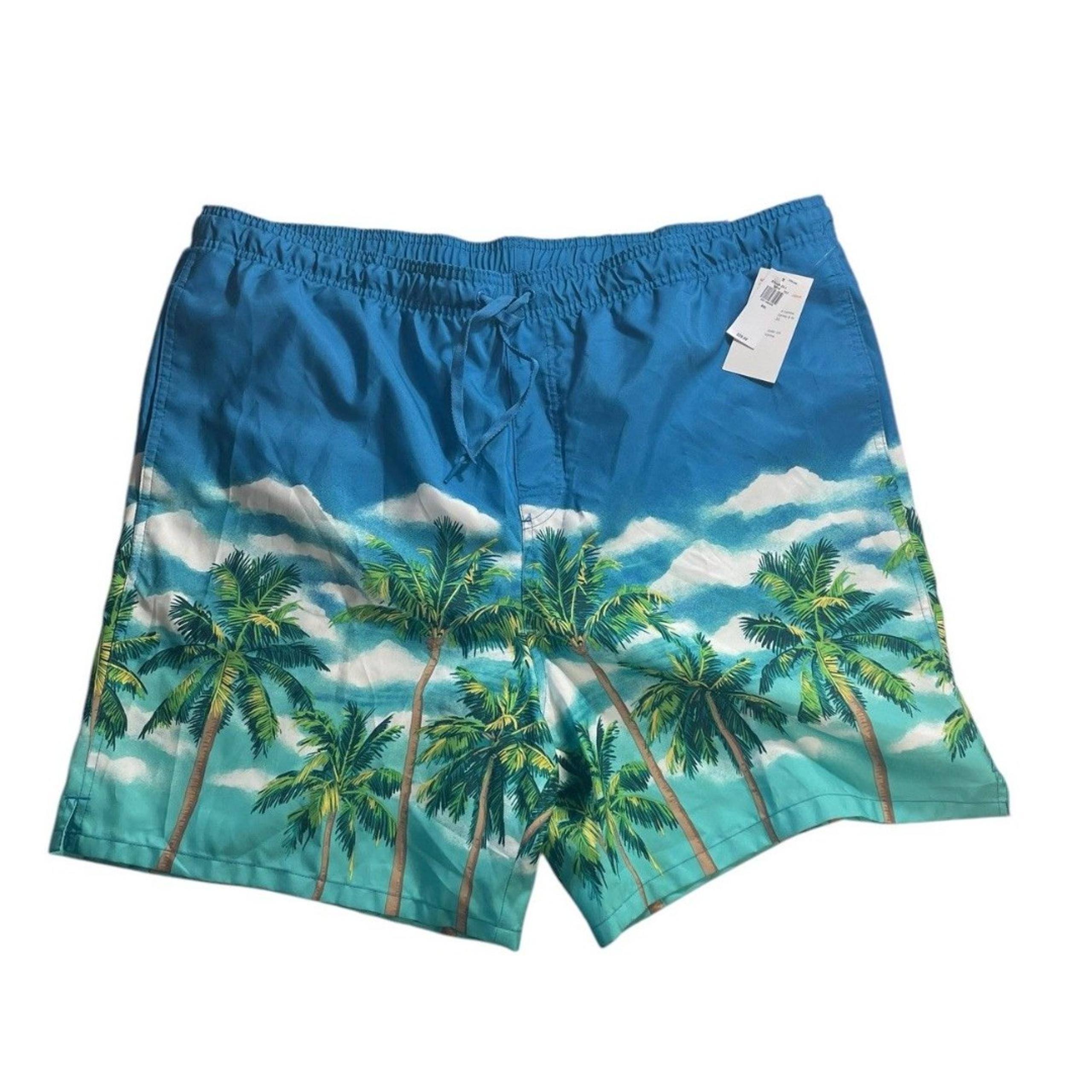 Old Navy Swim Trunks Palm Trees Tropical Blue Mens XXL Pockets Mesh Elastic New