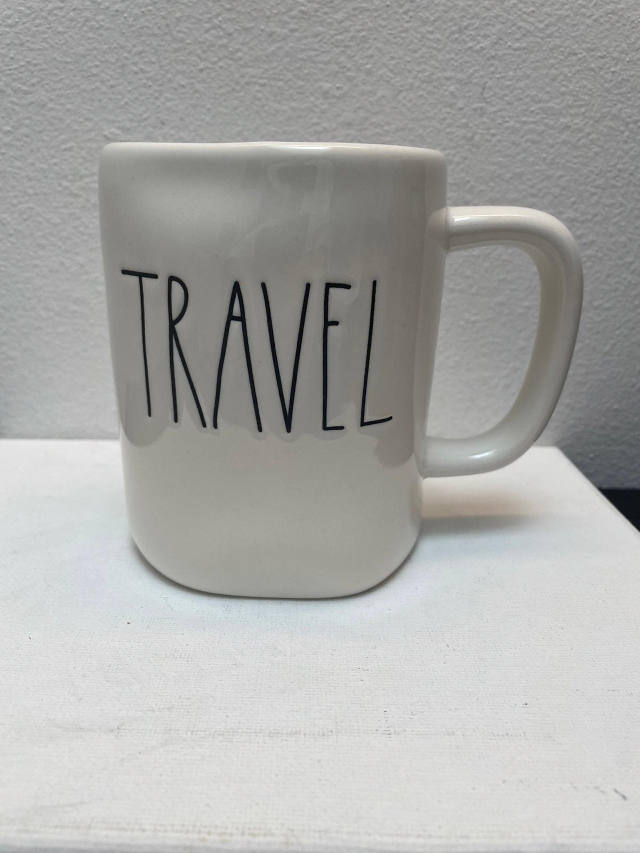 Rae Dunn Artisan Collection By Magenta “TRAVEL” Mug Cup For Coffee Or Tea White