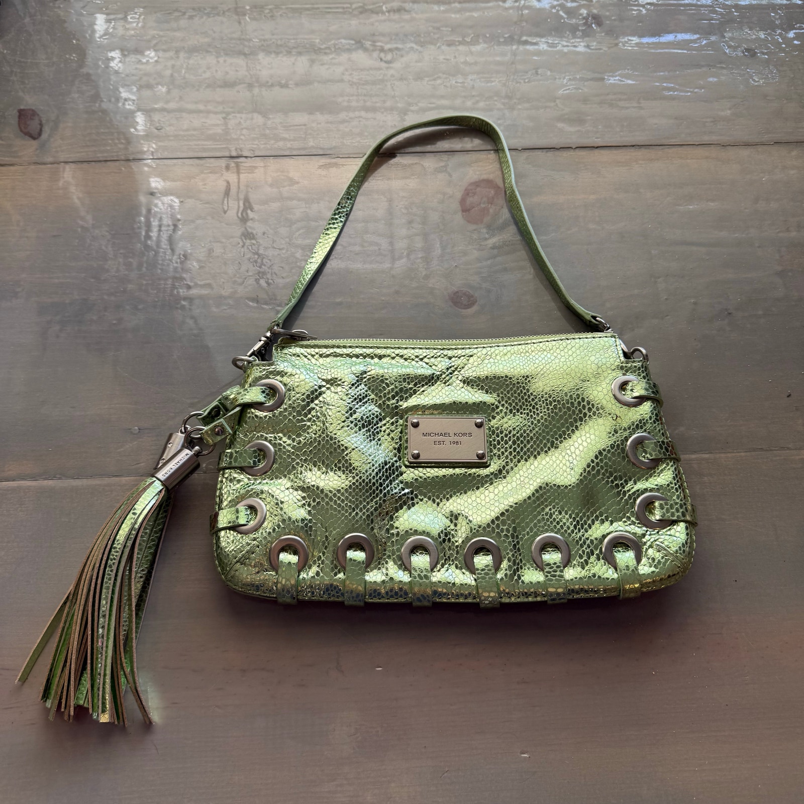 Michael Kors Lime Green Metallic Snakeskin Astor Grommet Leather Clutch