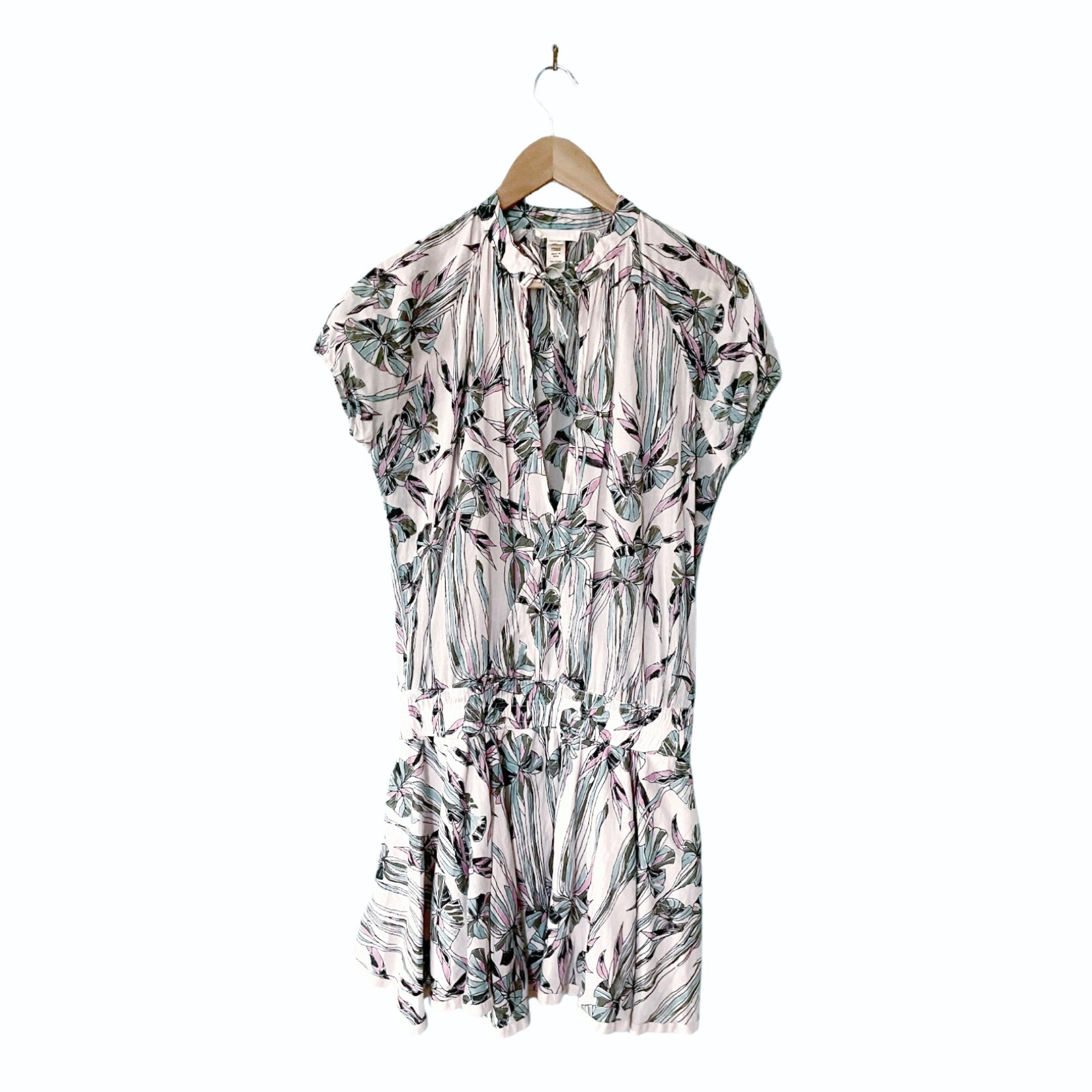 Rare Vintage Diesel White/Black/Aqua Floral Deep V-Neck Cotton Dress, sz XS