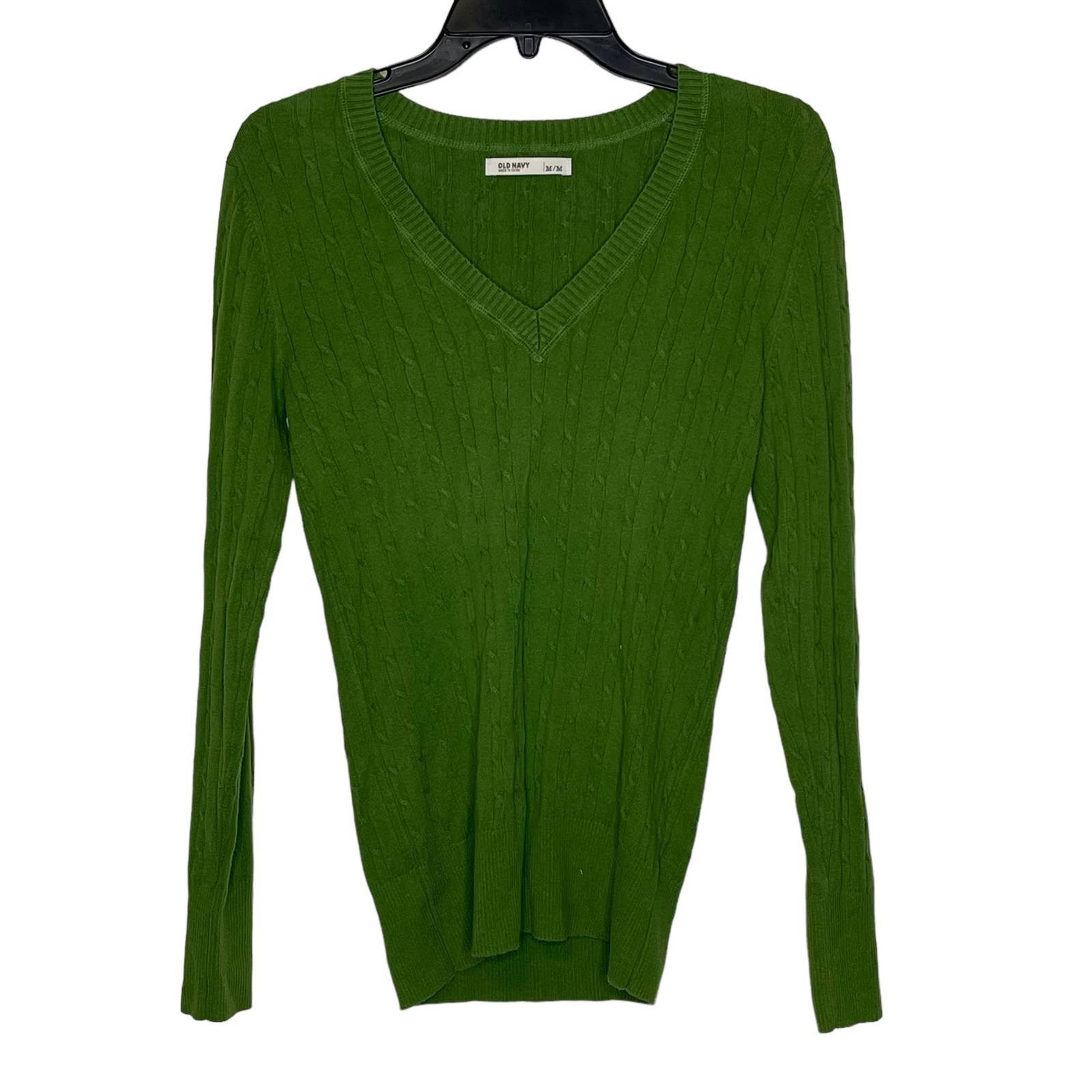 Old Navy Women Cable Knit Ribbed Long Sleeve Sweater Stretch V-Neck Medium Green