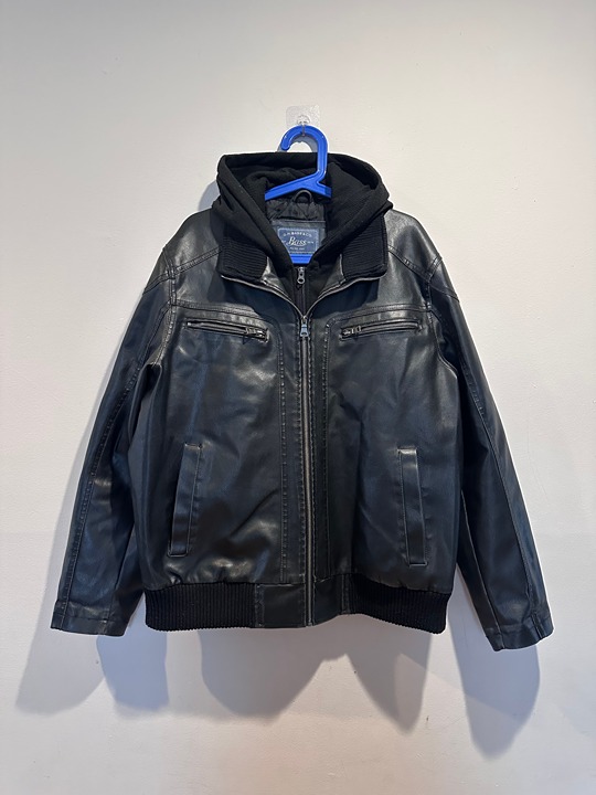 GH Bass Men's Faux Leather Bomber Jacket with Removable/Zip-Out Hooded Bib XL