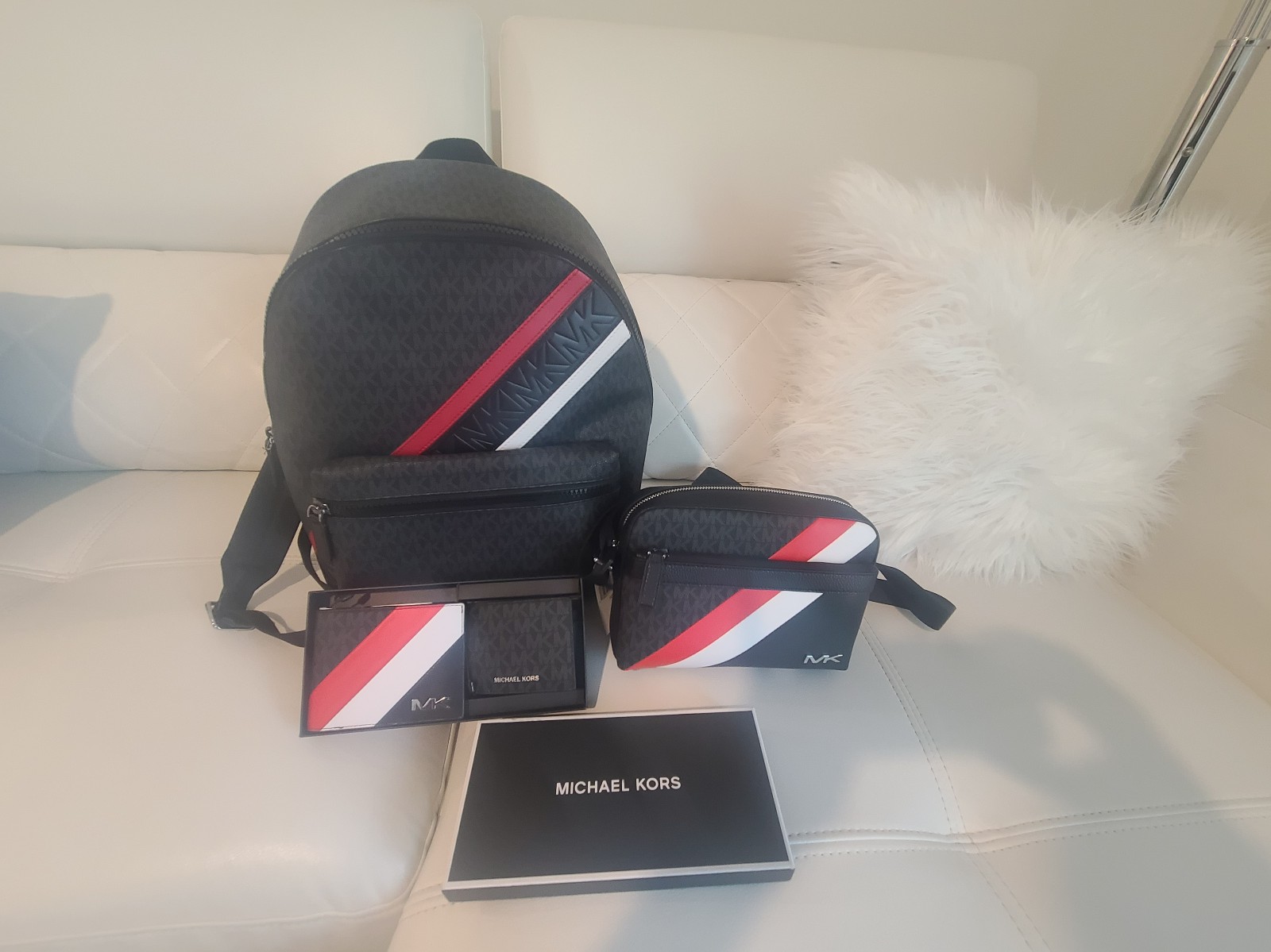 Michael Kors Men's Cooper Logo Striped Bookbag, Crossbody and matching wallet.