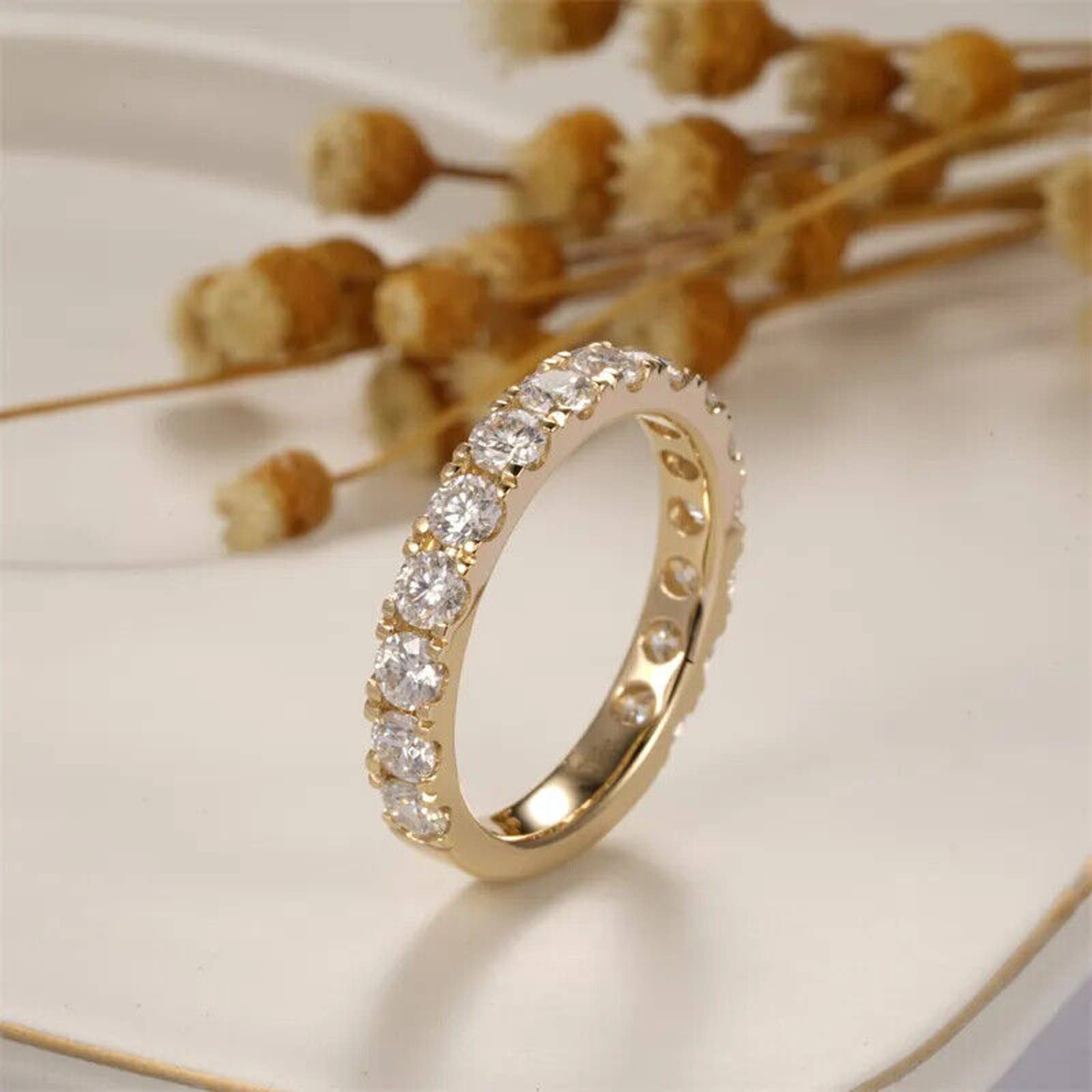 Solid Yellow Gold Moissanite Wedding Band, 3/4 Moissanite Eternity Band 14k/18k