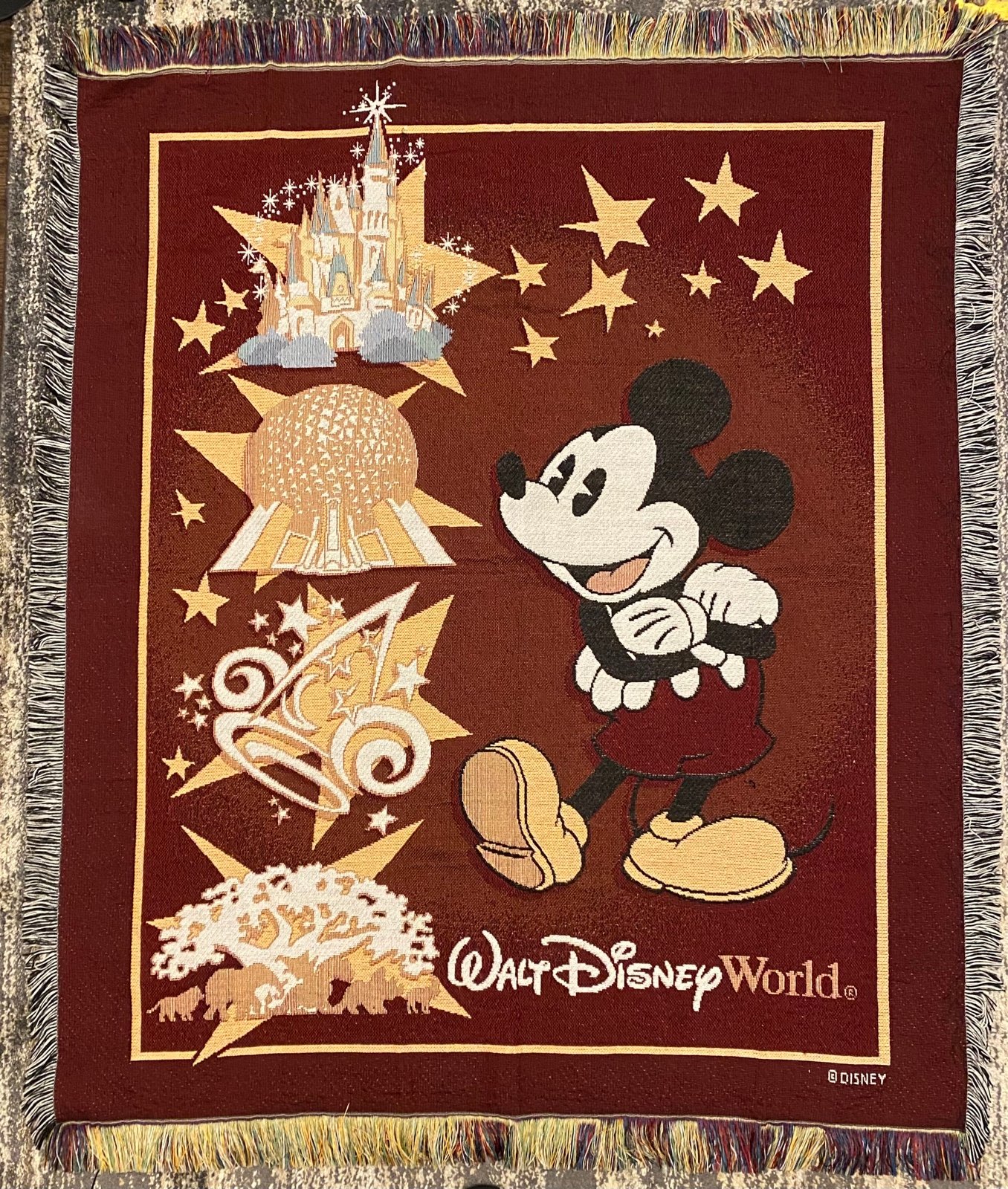 Vintage Woven Walt Disney World Tapestry Throw Blanket Mickey Mouse 50”x 60” EUC