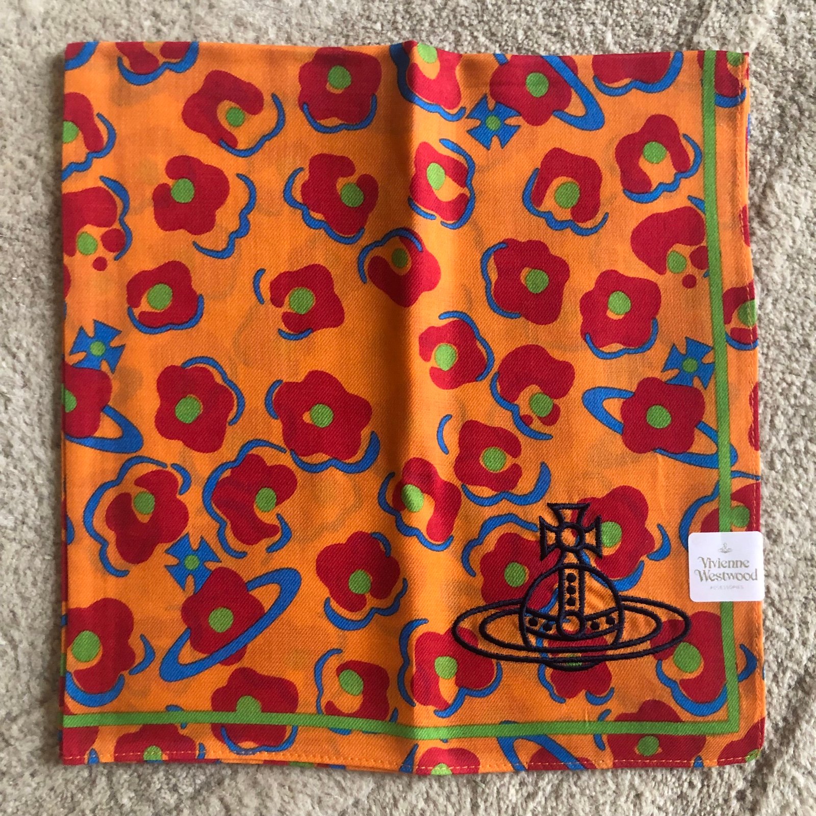New Vivienne Westwood Handkerchief Scarf Bandana Retro Floral Orb Logo Orange