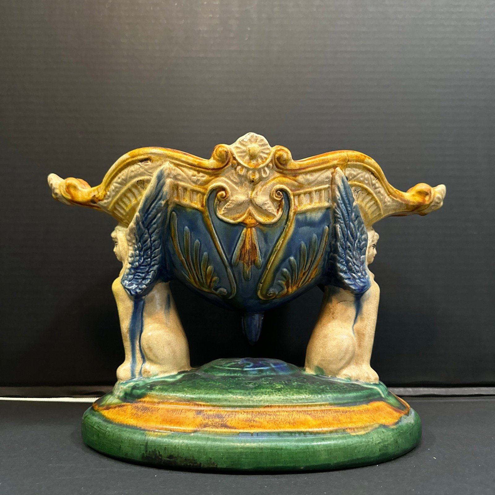 Vintage Chinese Reproduction of George Jones Majolica Spinx Bowl