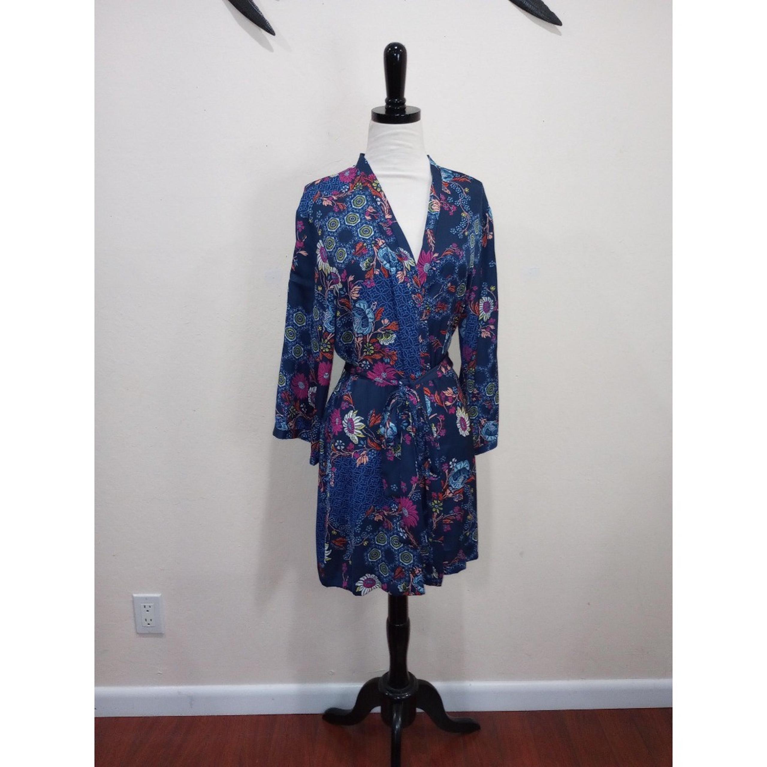 Josie Natori Blue Floral Print Kimono Robe - M