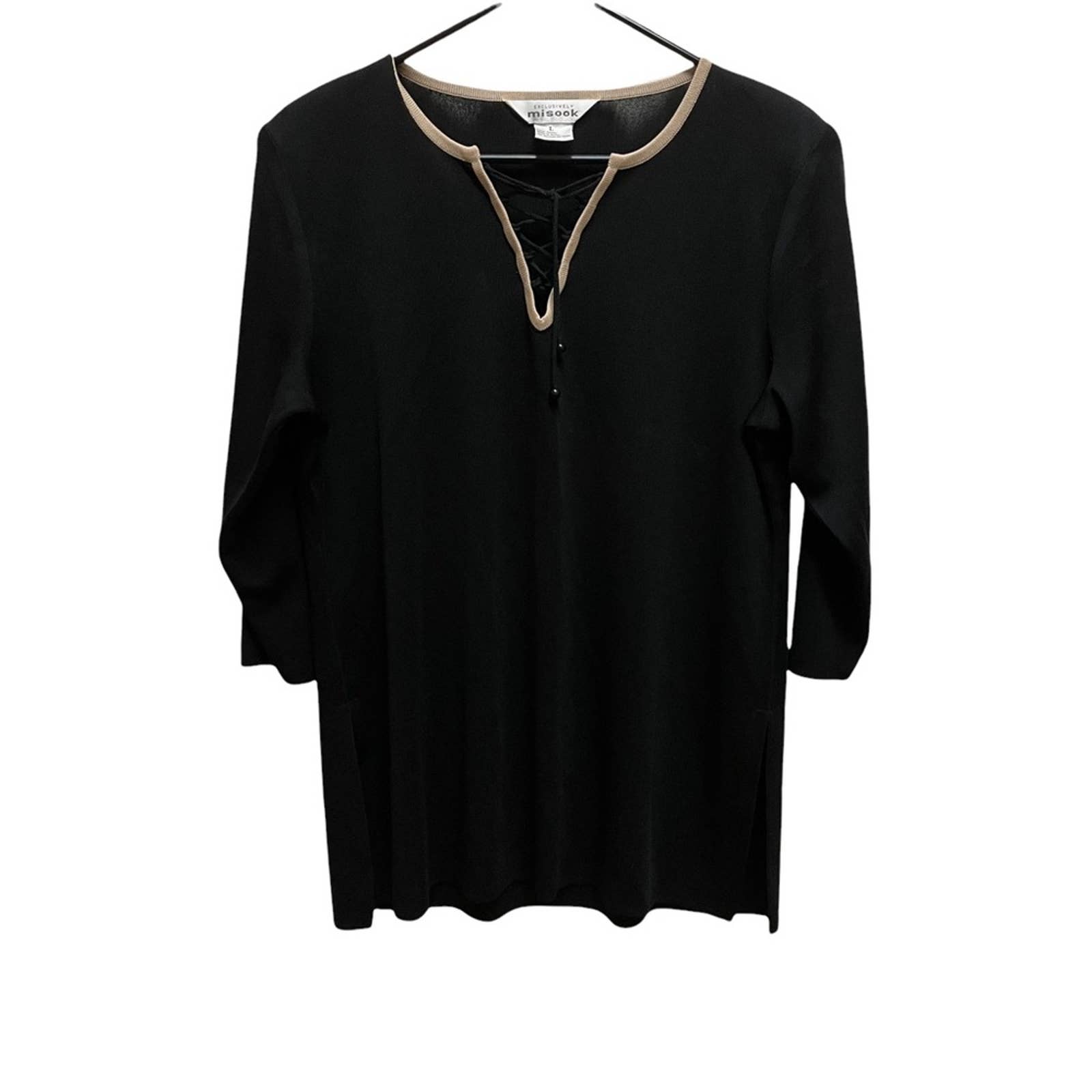Misook Black knit 3/4 sleeve tan trim with lace up vneck top Career Wear Large