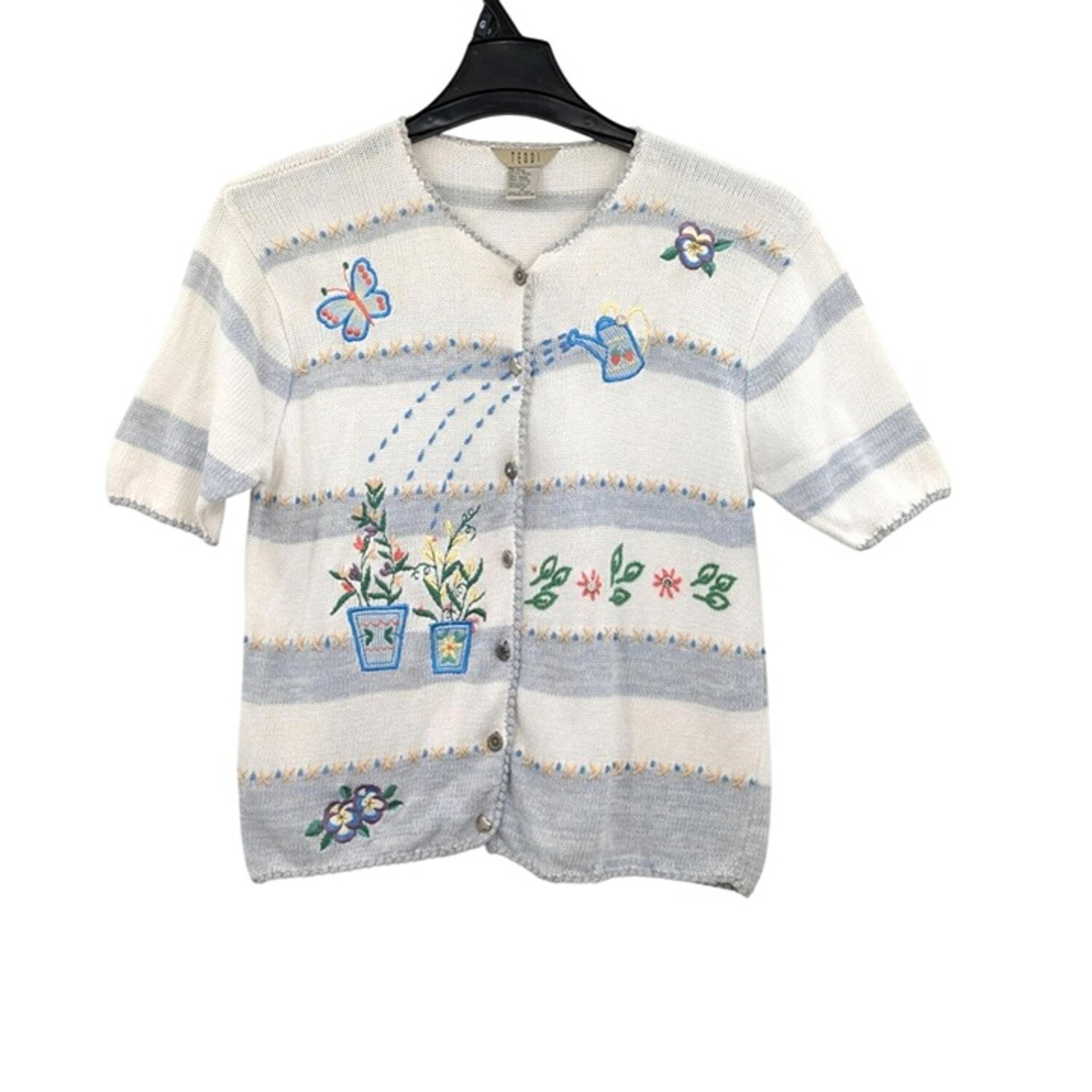 Vintage Teddi Button Up Knit Top Women Size M Embroidered Garden Cottagecore 90s