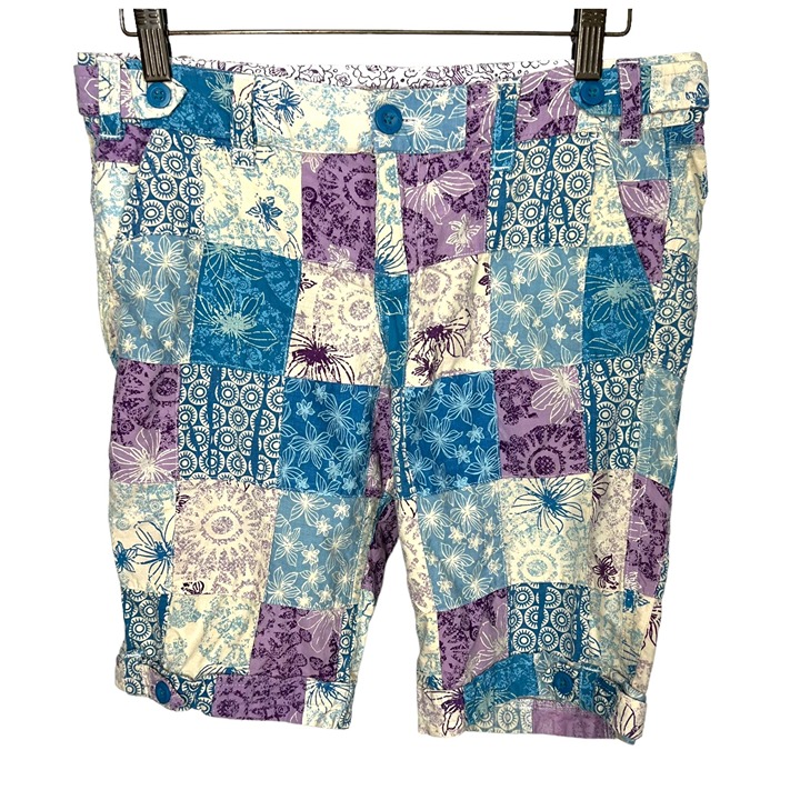 Vintage Y2K Blue Purple Print Patchwork Bermuda Shorts Medium