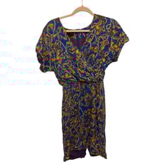 Vintage Silk Patterned Blue Front Tie Wrap Dress Retro Swing Women Midi