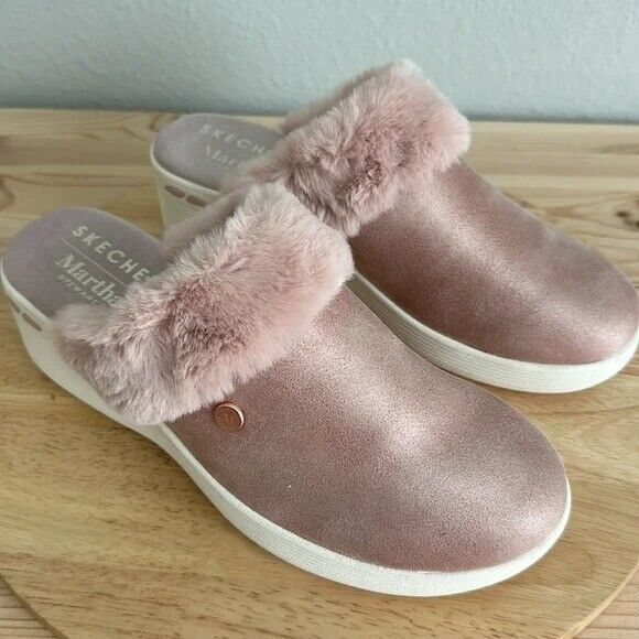 Martha Stewart x Skechers Pier Lite Vegan Faux Fur Mules- Rose (Sz 8.5) a616421