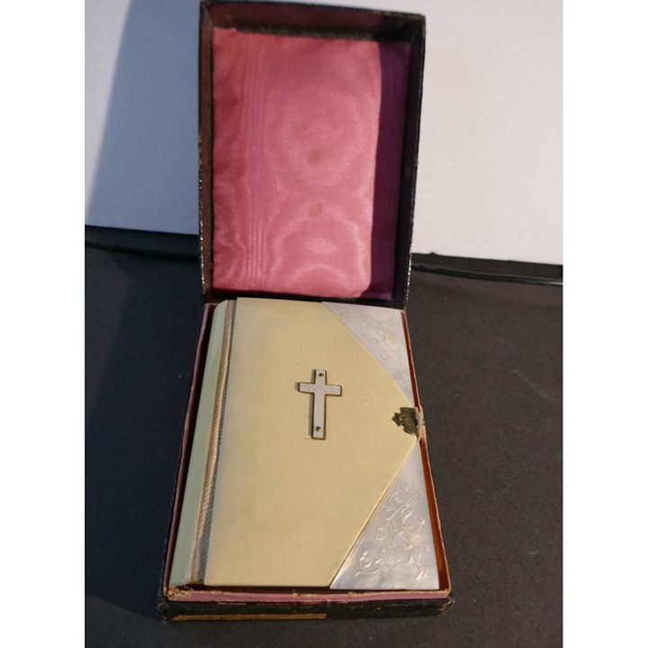 Antique 1899 First Communion Gift German Prayer Book Faux Ivory & MOP Orig Box