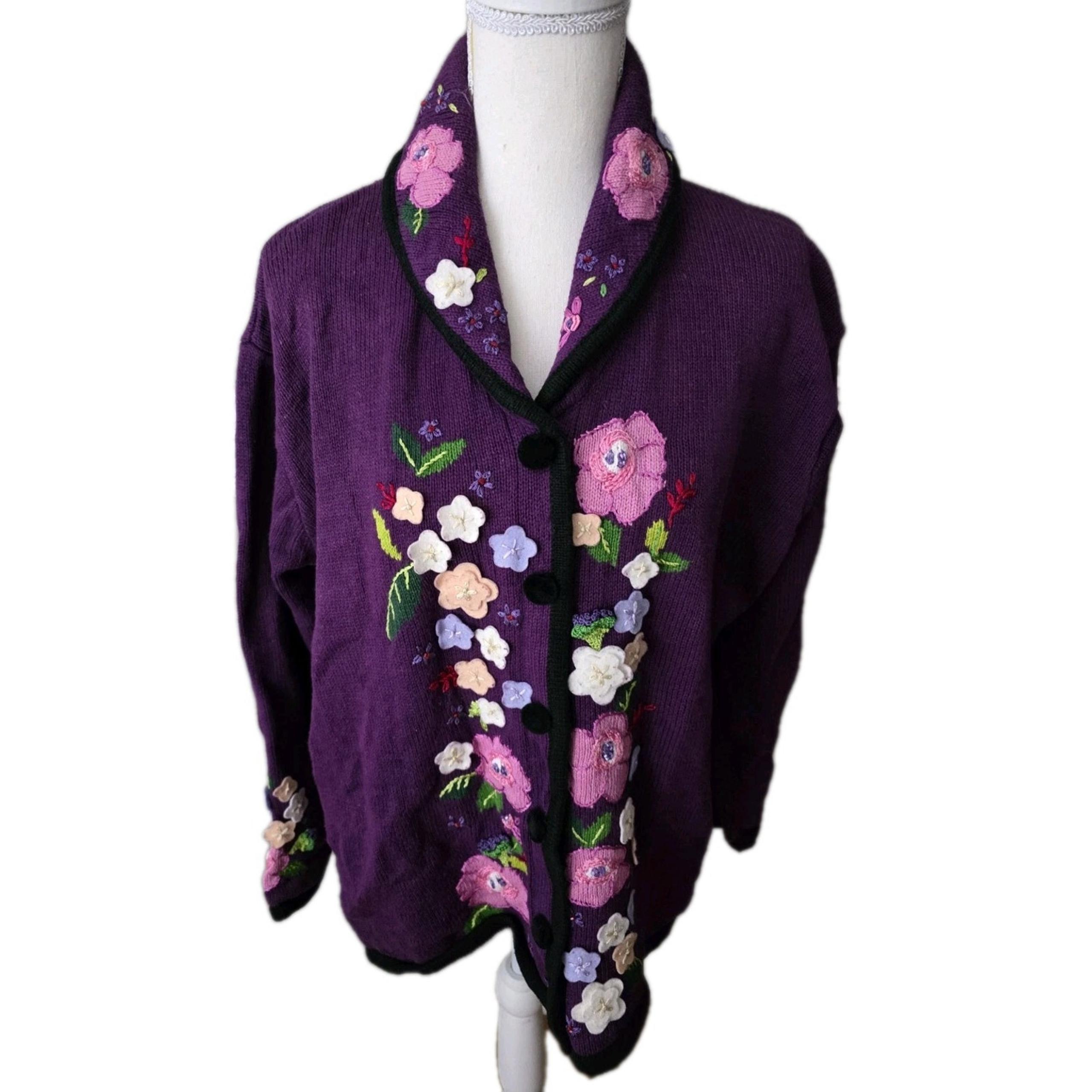 Storybook Knits Purple Embroidered 3D Flower Cardigan Sweater 1X Applique Floral