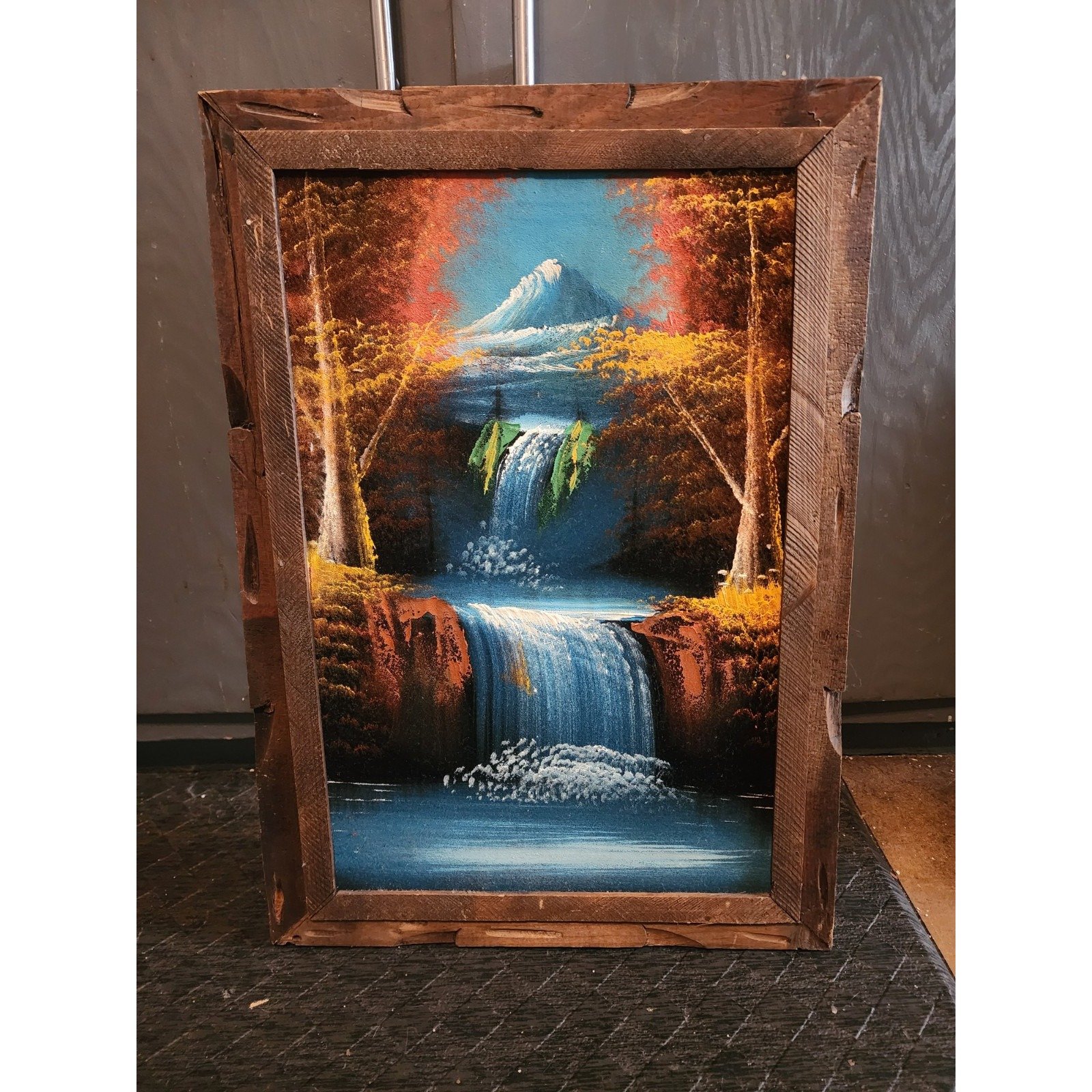 Vintage Original Velvet Scenery Waterfall Forest Painting Antique Wood Frame