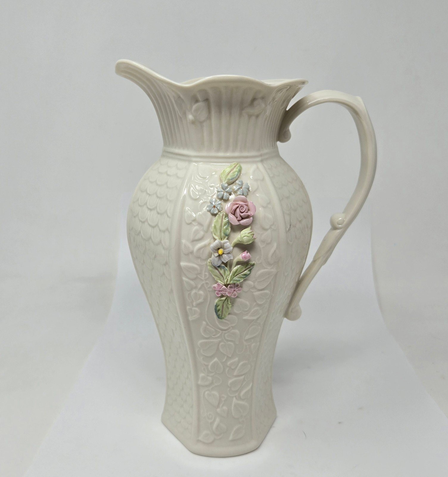 Vintage Belleek Flowers And Bird Millennium Collection pitcher 10 inches tall