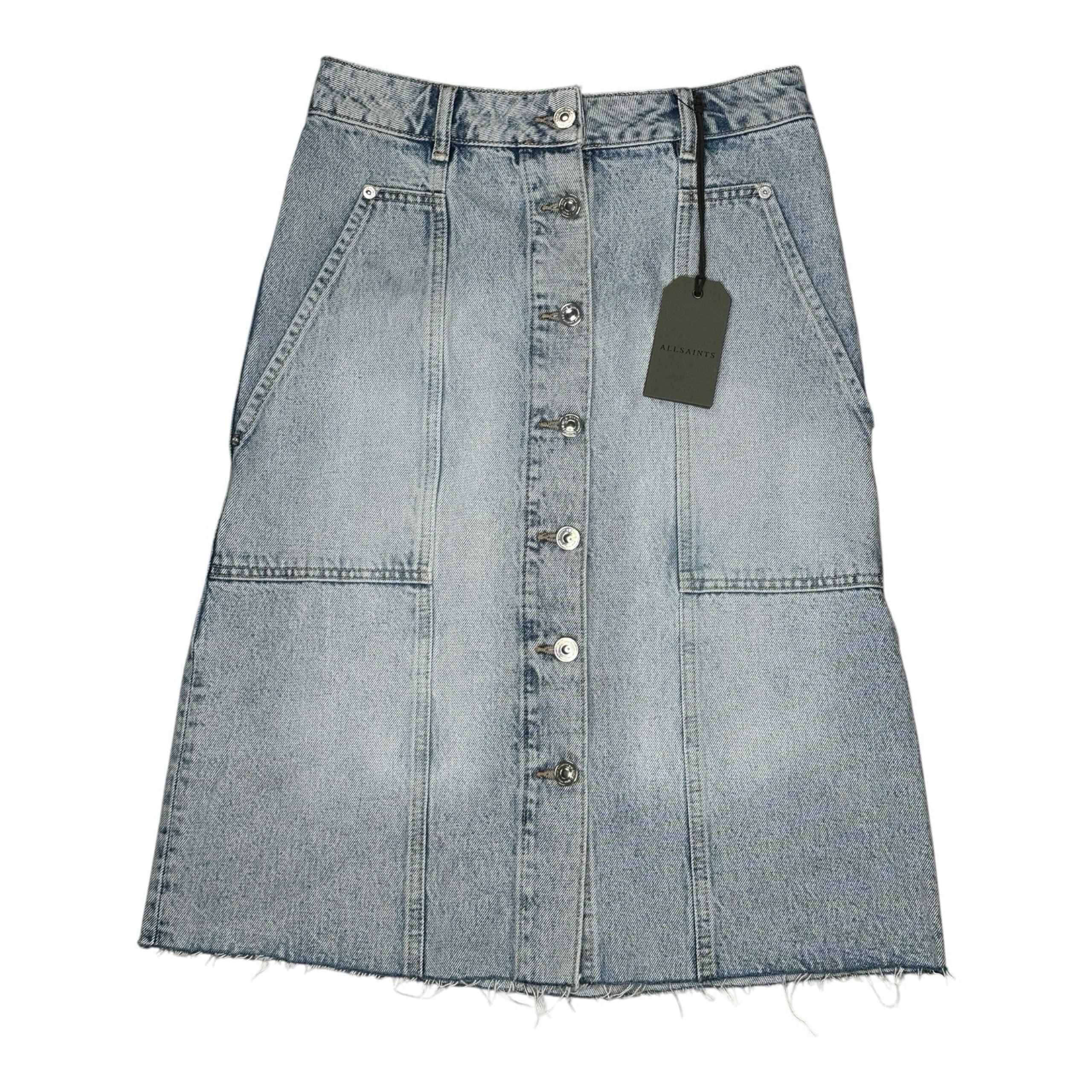 All Saints Denim Skirt Womens Size 2 Blue Button Front Pockets Mini Skirt A Line