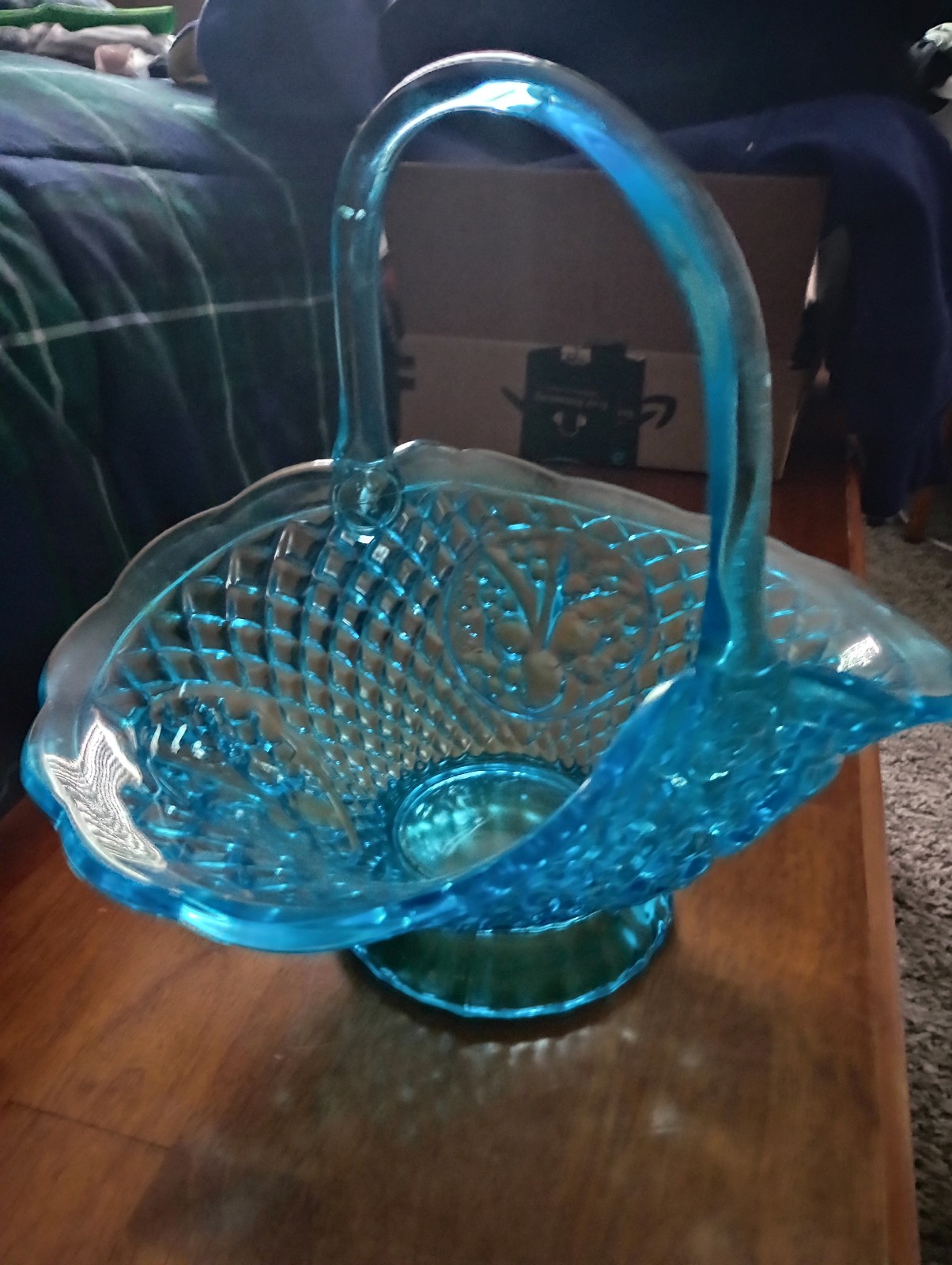 Vintage 2 piece Blue Glass Basket and Center Piece