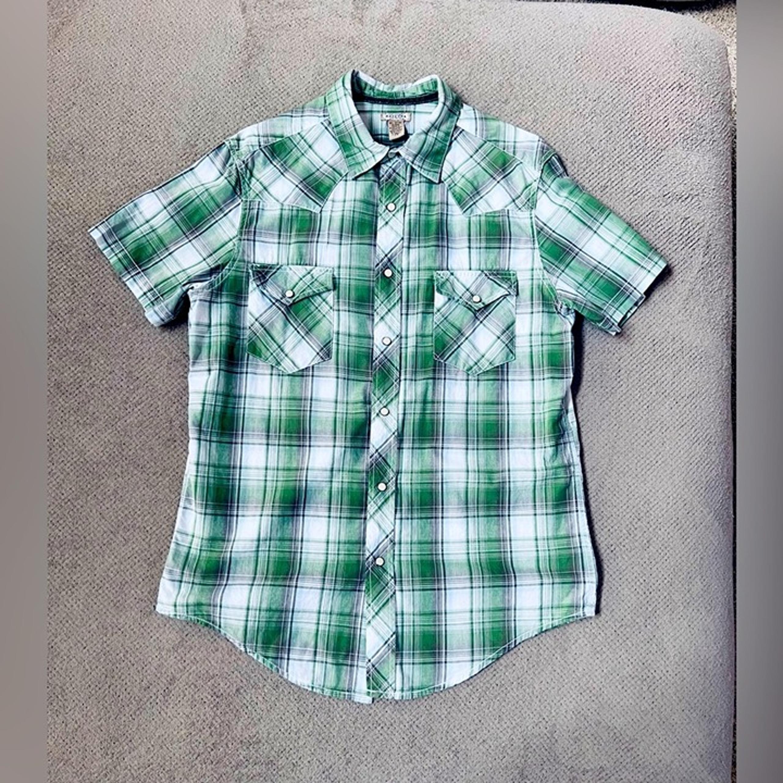 Arizona Jeans Men’s Large Green Grey Plaid Pearl Snap Short Sleeve Western Shirt