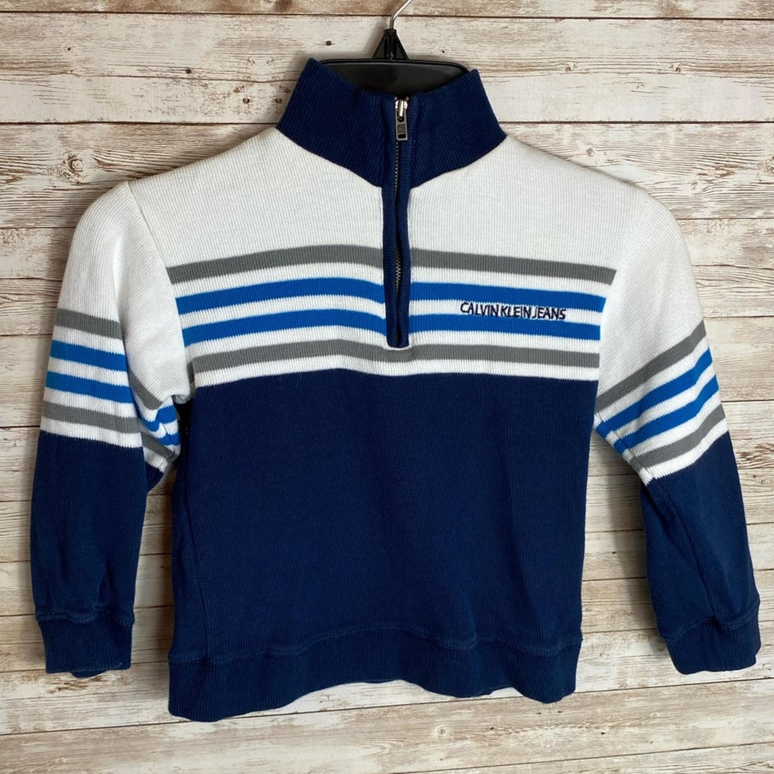 Calvin Klein Jeans Boys Blue/White/Grey Solid & Striped  Pullover Sweater 3T