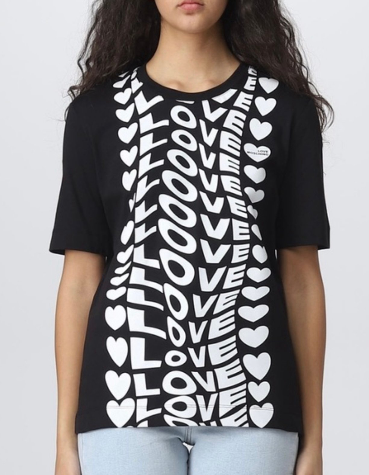 Love Moschino Heart Logo Print Black Cotton T-Shirt, Size 2/XS,read description
