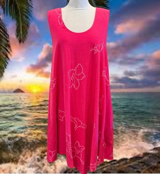 Kaulua’e Hawaiian Tank Top TunicBlouse XXL Pink Floral Print With Pockets