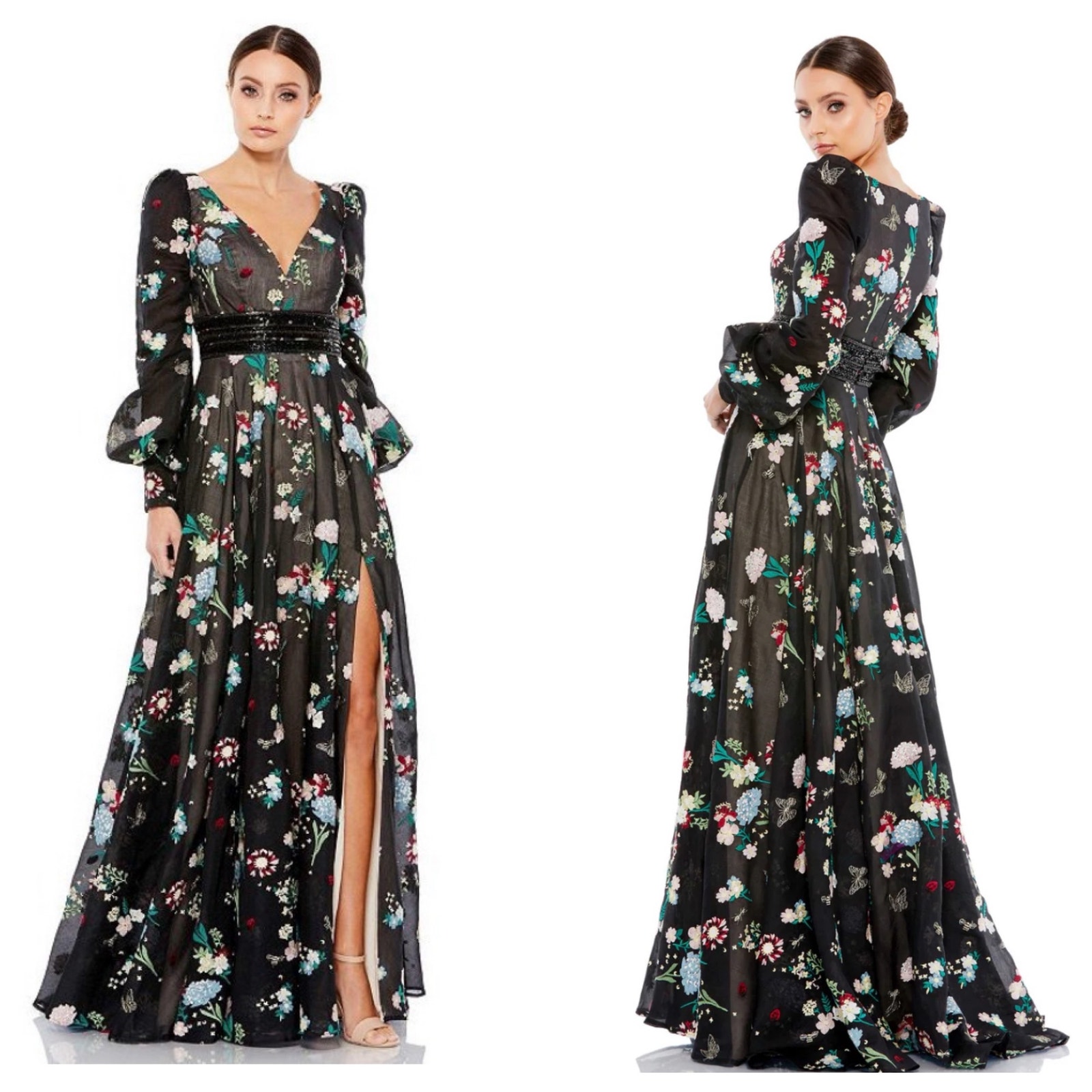 Mac Duggal Women's Embroidered Bishop Sleeve V Neck Flowy Gown Size 6 NWT
