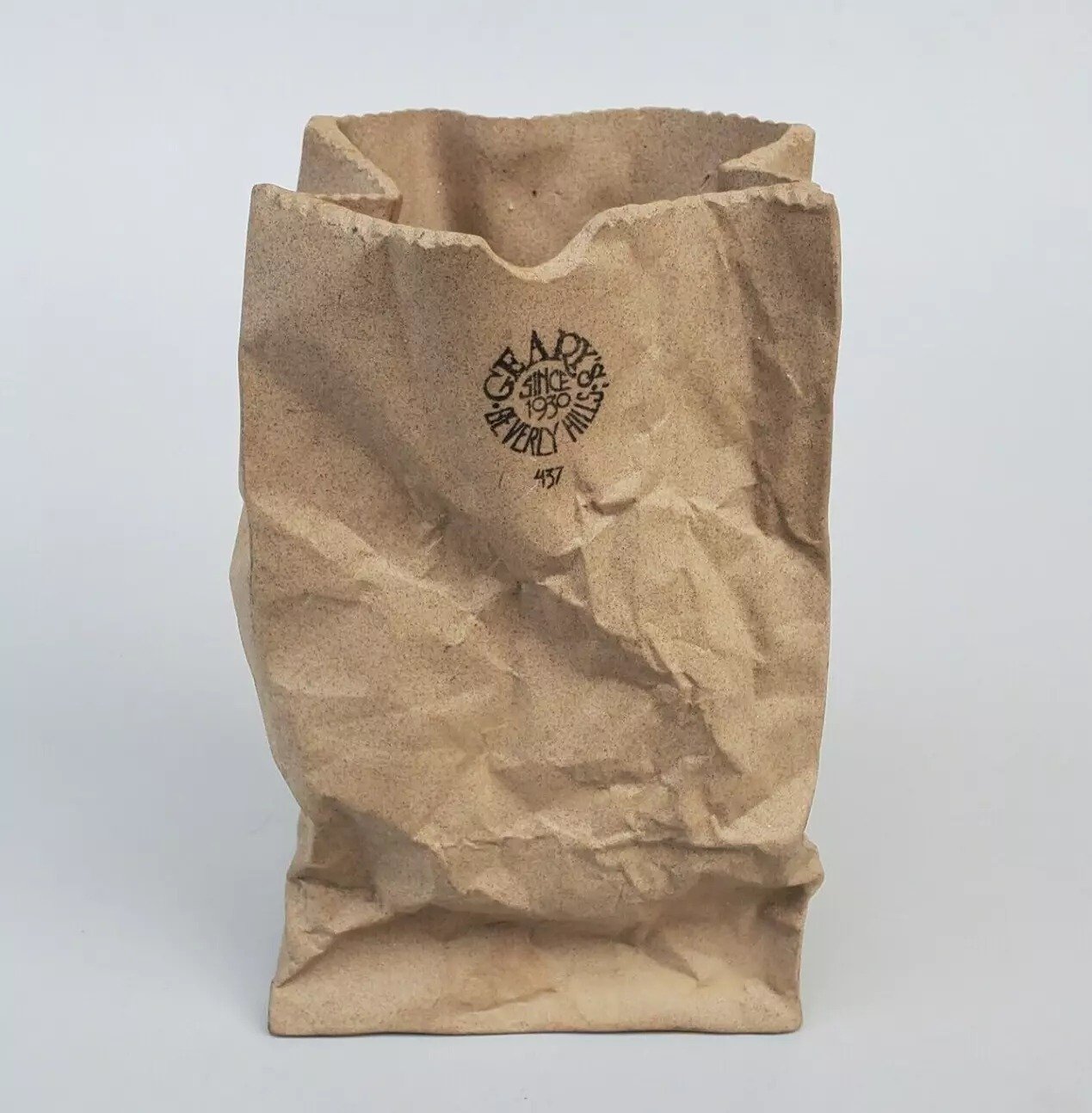 VTG Ceramic Geary's Beverly Hills Trompe L 7.75” Brown Bag VASE - 70s 80s MCM