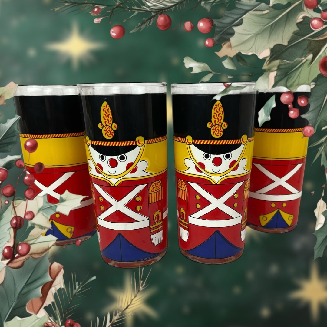 Vintage 1970s MCM Set of 4 Cera Nutcracker Christmas Holiday Drinking Glasses
