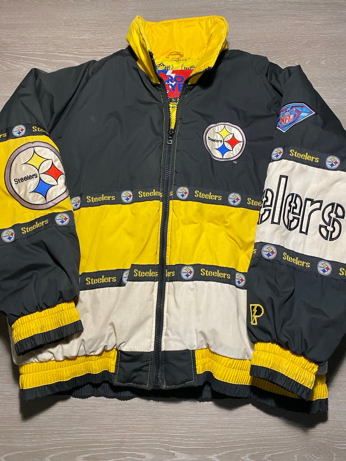 Vintage 90s Pro Player Pittsburgh Steelers Puffer Jacket 75th Anniversary Sz L