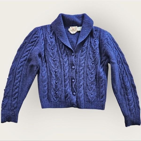 Vintage J.Crew Oarsman Shetland Wool Hand Knit Navy Blue Cable Knit Cardigan S