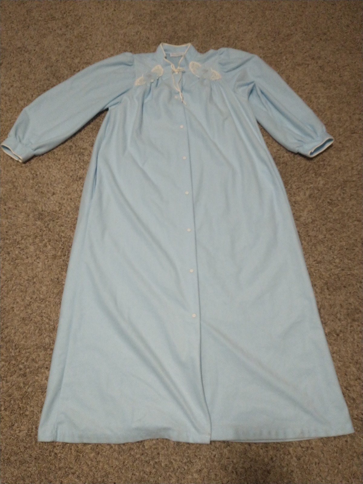 MISS ELAINE Fleece Housecoat Robe Snap Embroidered Fleece Blue Long Sleeve Med