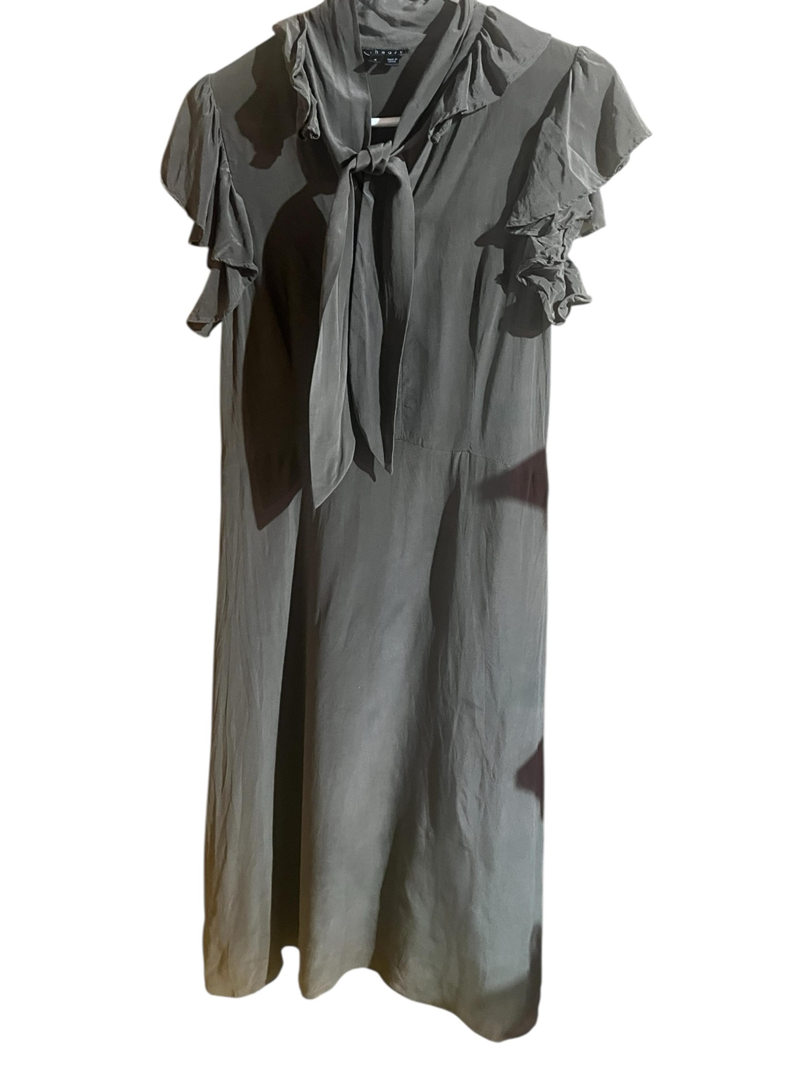 Theory Green  Ruffled Midi Sundress – Women’s Size 4, 100% Silk, Tie Neckline