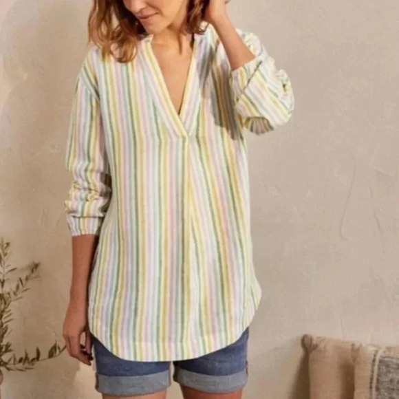 Boden Linen Pastel Rainbow Striped Tunic Top