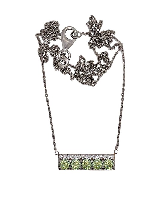 14k White Gold Natural Green Diamond Bar Pendant & Chain Necklace