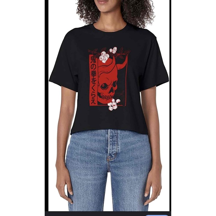 Port & Company Black Japanese Demon Art Skull Devil Oni Harajuku Aesthetic Shirt