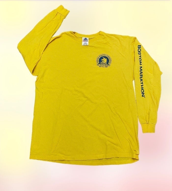 Vtg 1997 adidas boston marathon longsleeve yellow running shirt mens L