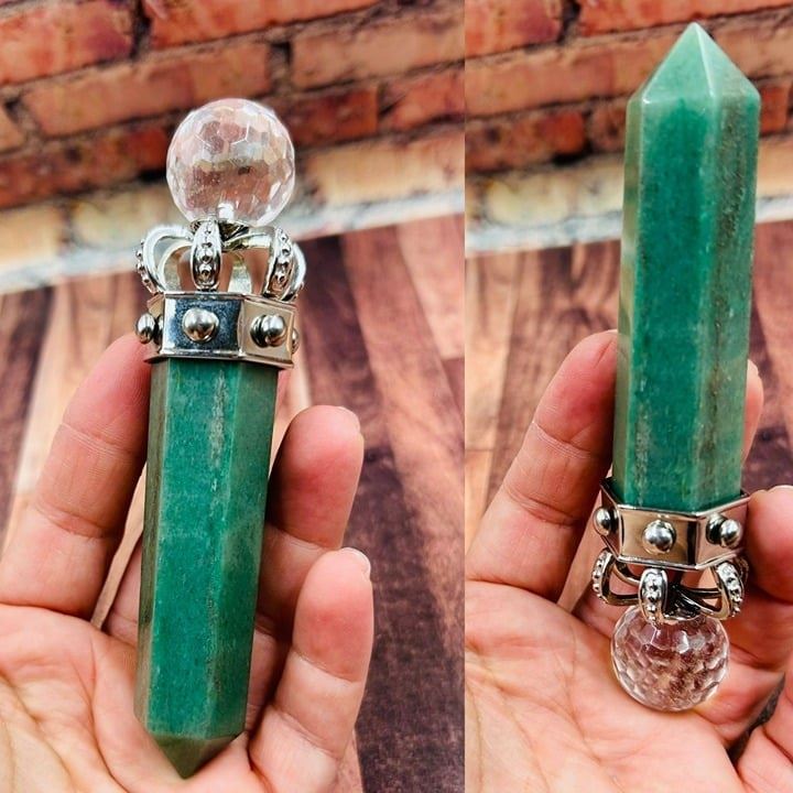 Faceted Clear Quartz Crown on Green Aventurine Wand, Elegant Healing Crystal Pen