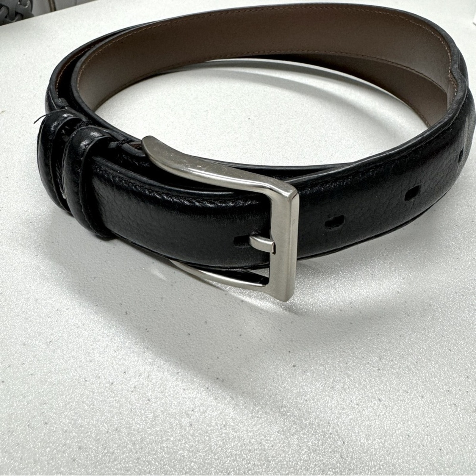 Black Leather Mens Belt Silver Hardware Size 44