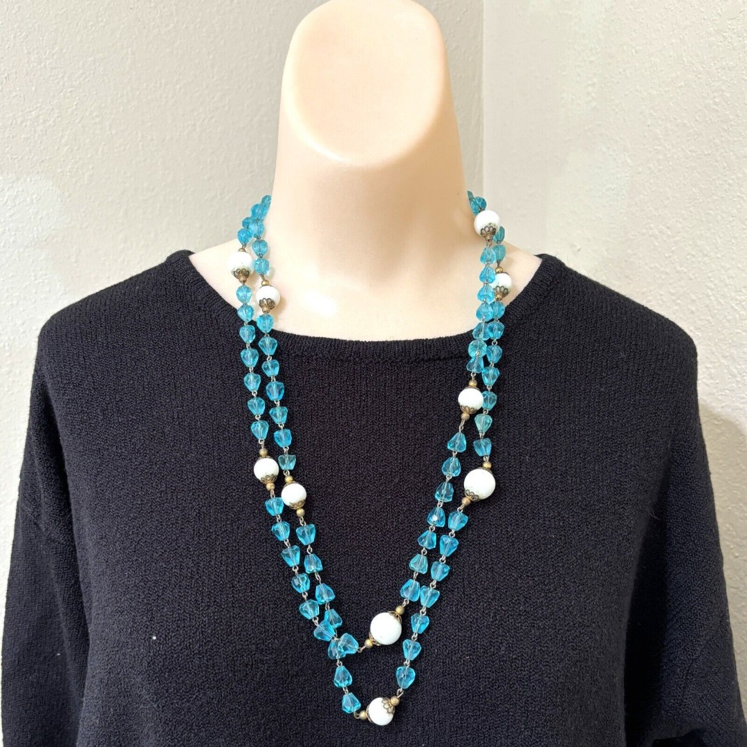 Long Blue Crystal Bead Necklace 1940s Milk Glass Vintage Mid Century