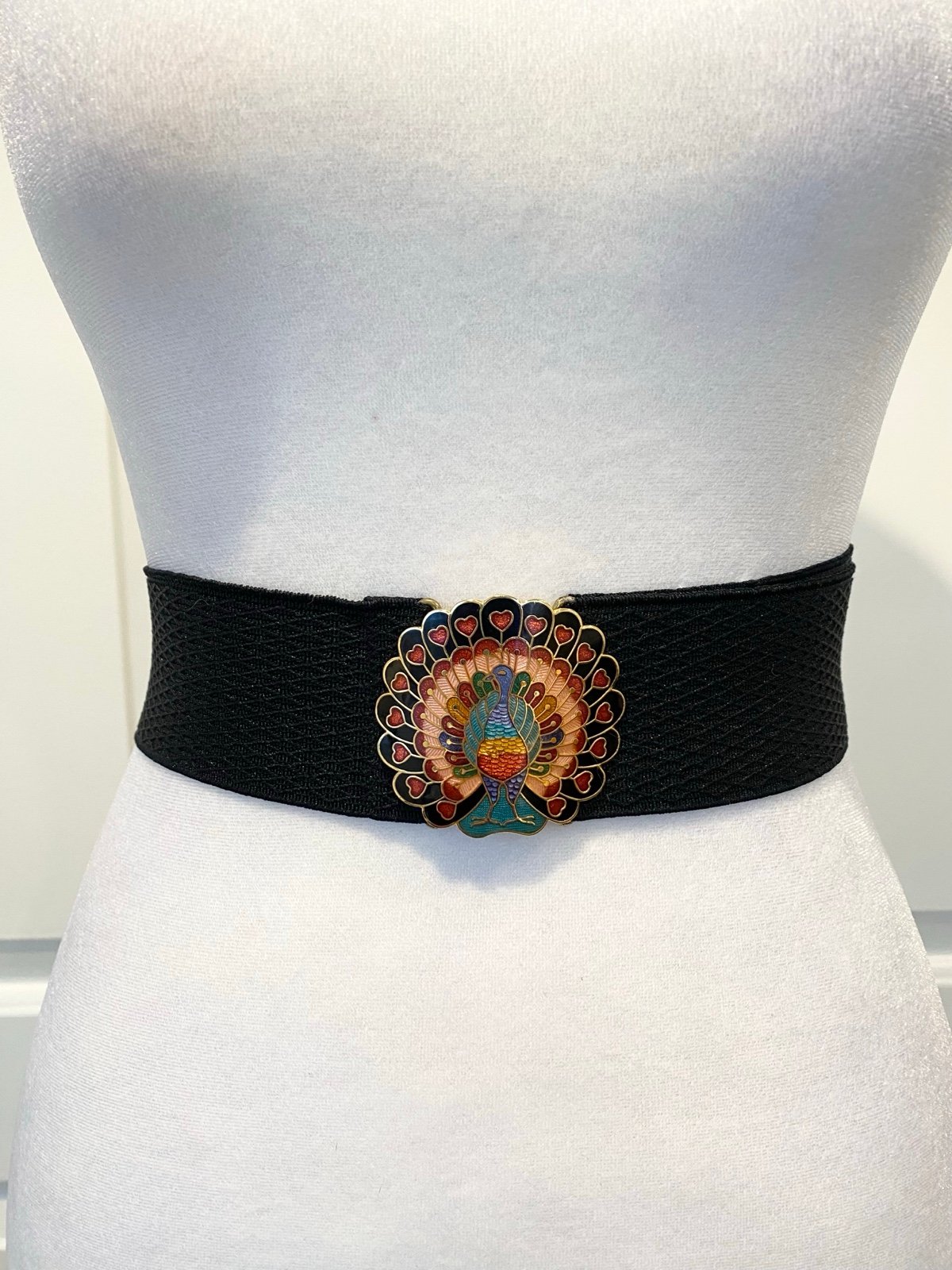 Vintage 70s Cloisonne Enamel Peacock Elastic Belt