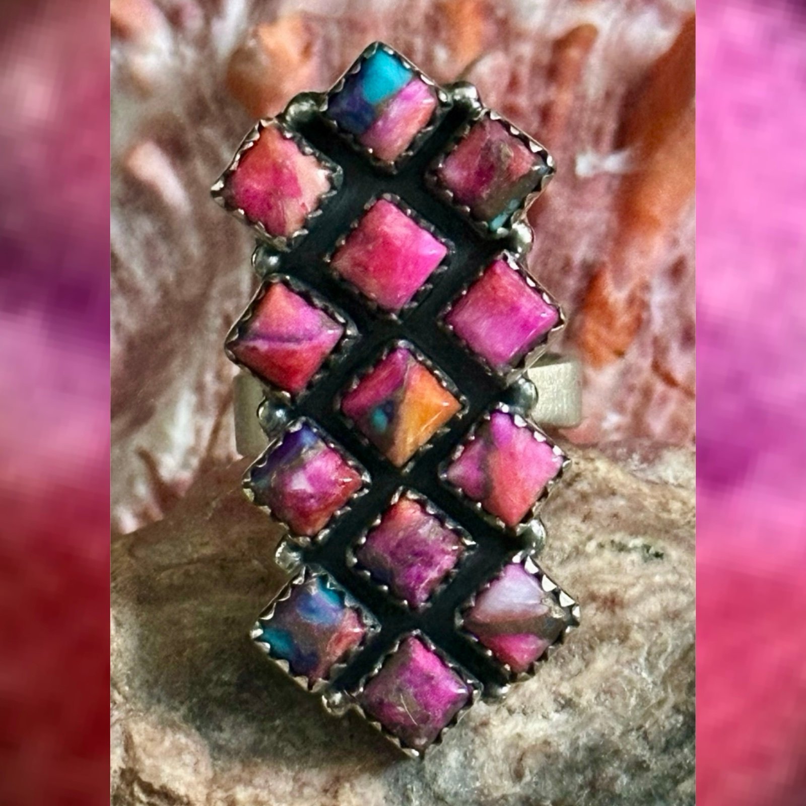 Pink Dahlia Diamond Shape Long Statement Sterling Silver Southwestern Ring