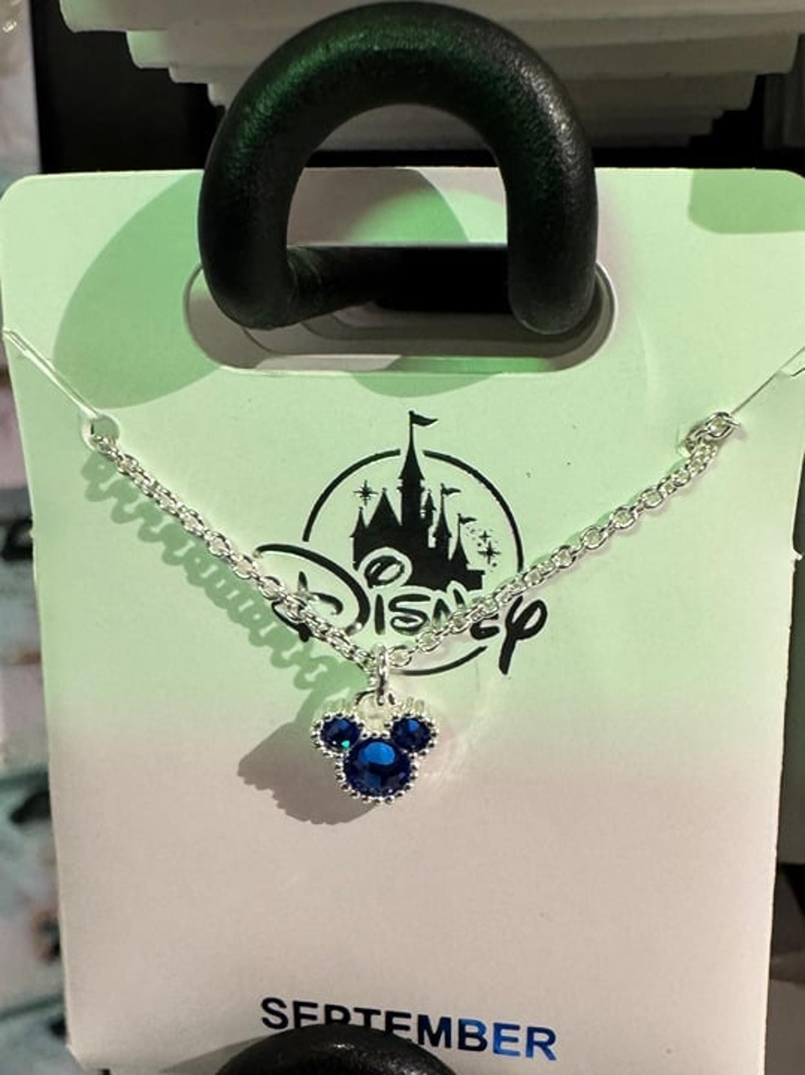 Disney Park Mickey Mouse Faux Sapphire September Birthstone Necklace Silver Tone