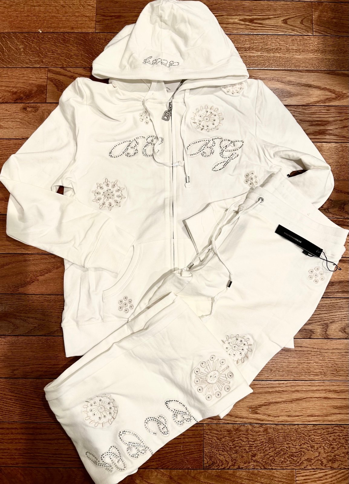 BCBGMaxAzria NWT VINTAGE Y2K WHITE studded Embroidery cotton TrackSuit L