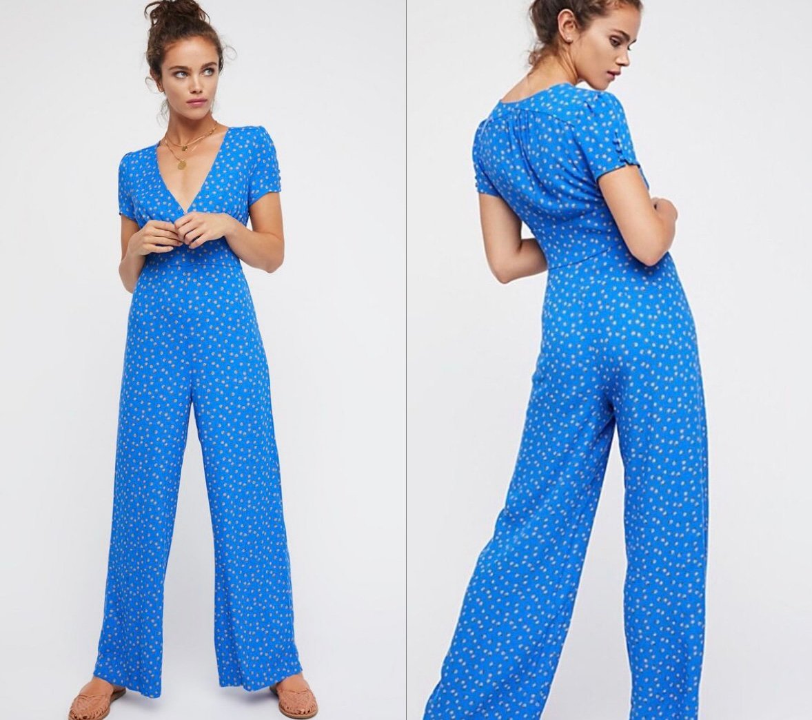 free people v-neck plunging blue printed mia jumpsuit
