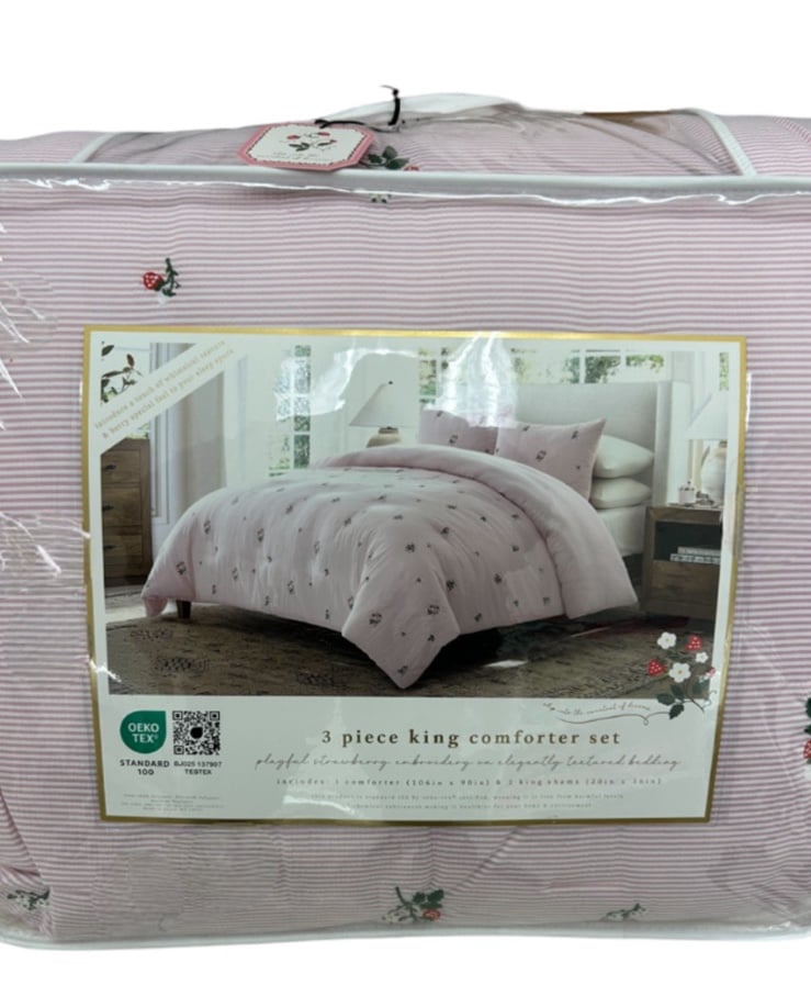 Envogue Mauve Pink Striped King Comforter Set with Strawberry Embroiderery