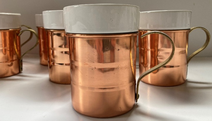 copper brass vintage mugs cups Baker Hart & Stuart ceramic inserts cozy set of 8