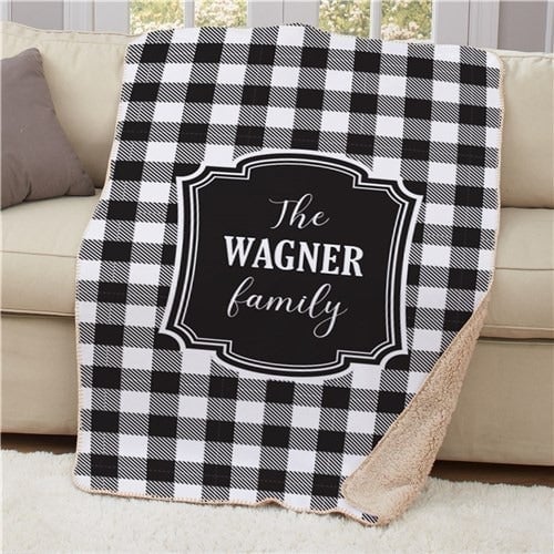 Personalized Family Name Black & White Plaid Country Style Home Sherpa Blanket