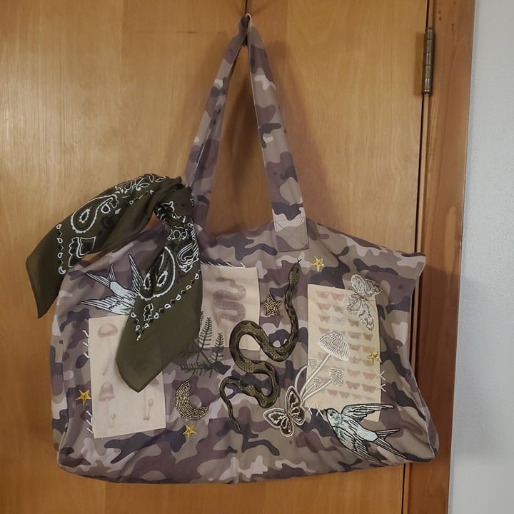 Free People X Denim & Bone Serpent Weekender Bag Camo Embroidery Patched NWOT